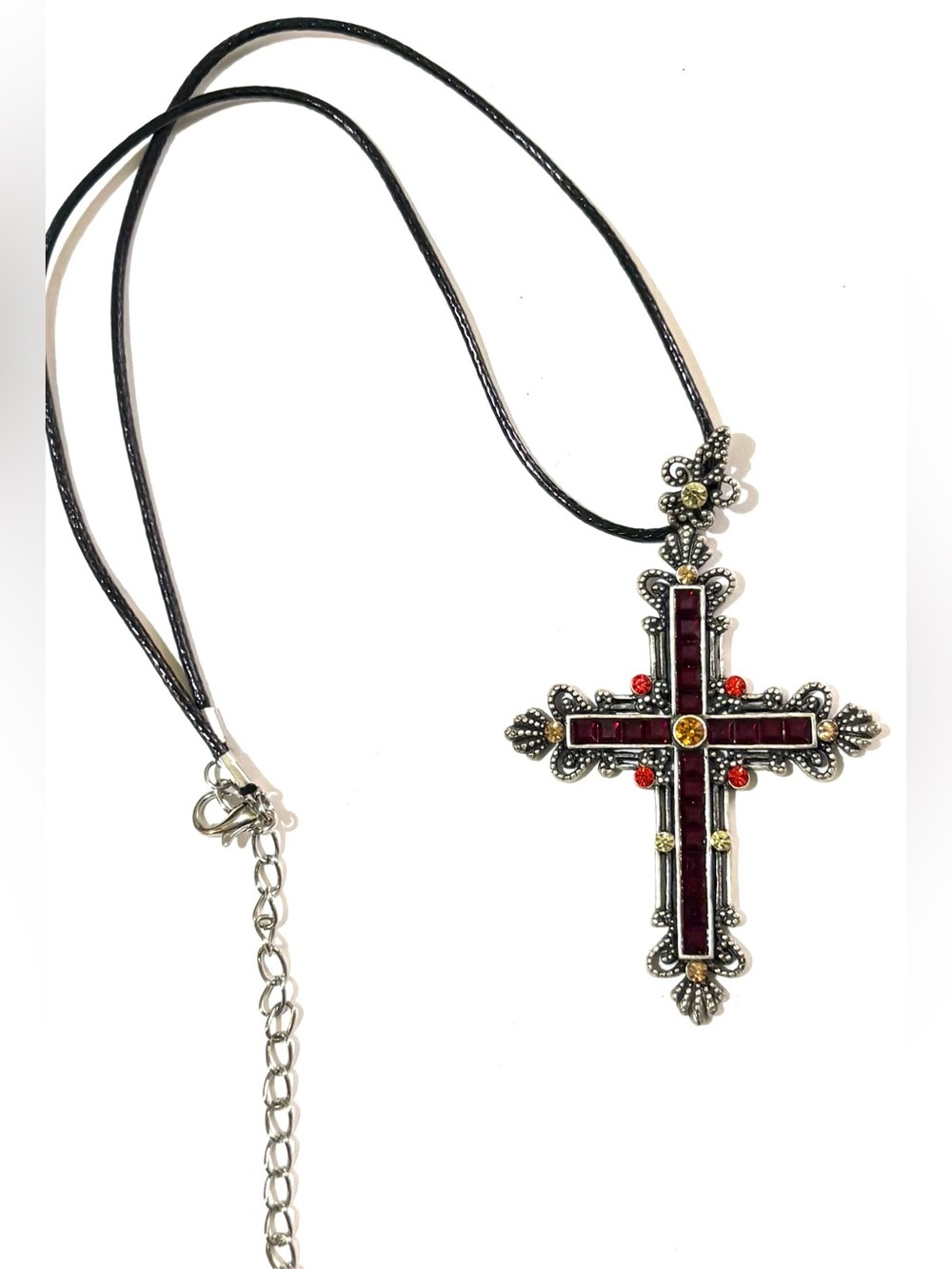 Vintage unisex Purple and Red Rhinestone Cross Necklace